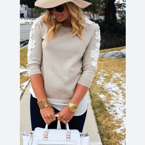 J. Crew Sweaters - J. Crew Lace Crochet Sleeve Flower Embellished Appliqué Sweater